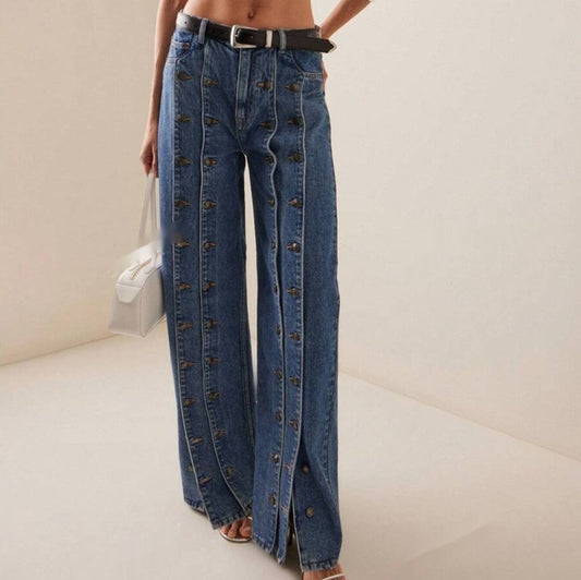 Fashionable Button-Front Slit Straight-Jeans