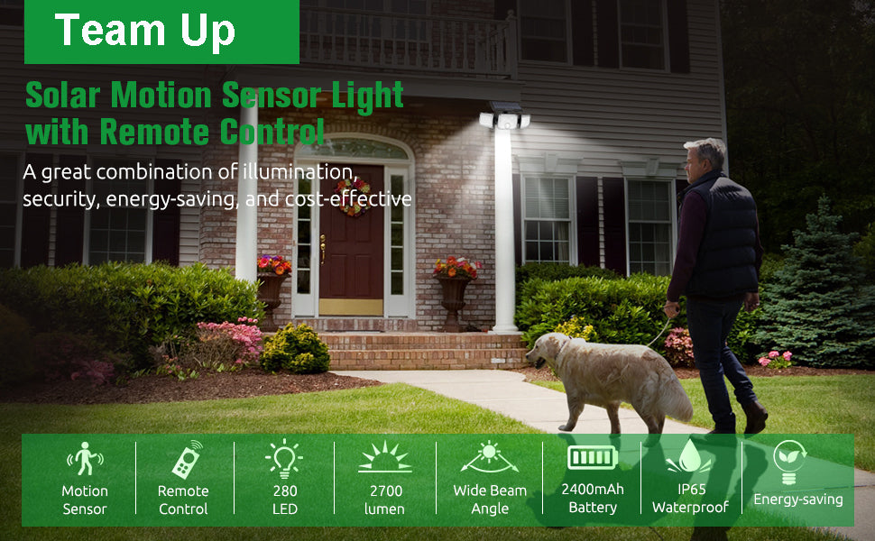 Solar Outdoor Lights, 280 LED Solar Powered Security Light With Remote Control, 3 Adjustable Heads
